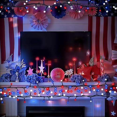 Miniatura 7 de MEHOFOND Guirnalda de 300 luces LED de 105 pies, color rojo, azul y blanco, temporizador del 4 de julio, Día de la Independencia, tira de luces LED,