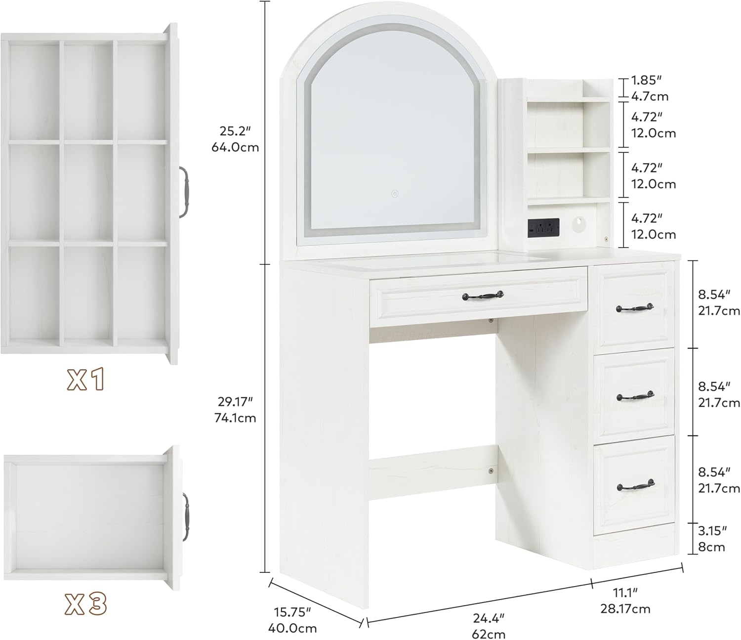 Vanity Desk with Mirror and Lights, Makeup Vanity Table with Side Cabinet, 4 Drawers Dressing Table with Glass Top, Modern Vanity Set with Power Outlet and Large Mirror (AntiqueWhite)