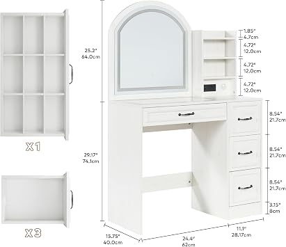 Makeup Vanity Desk with Mirror and Lights 3 Colors, Modern Dressing Table with Transparent Glass Tabletop, 4 Drawers, 3 Storage Shelves, Power Outlet, Vanity Table for Bedroom, Bathroom