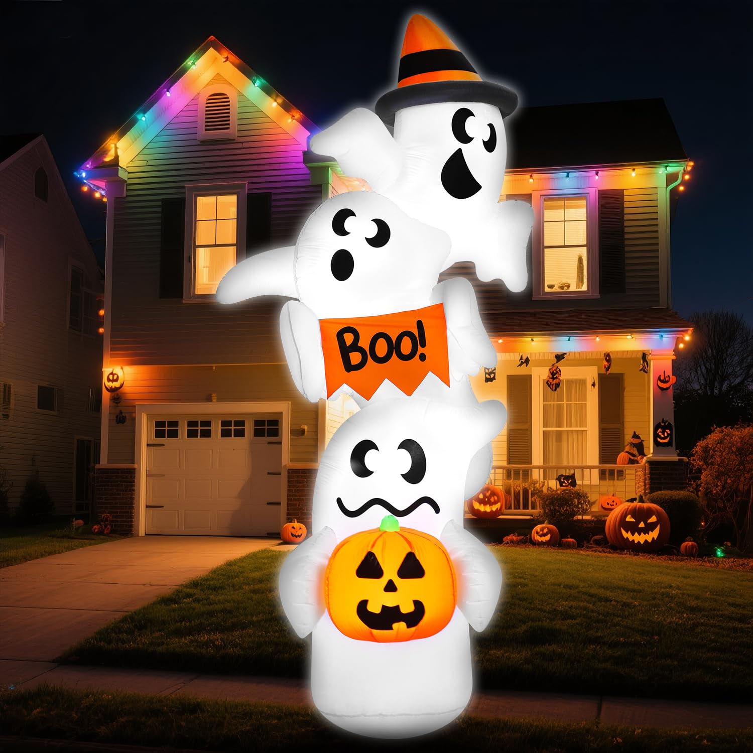 JOYIN 2,7 m hoher aufblasbarer Halloween-Geist Outdoor-Dekorationen, riesiger überlappender Geist, aufblasbare Dekoration mit LEDs, aufblasbarer Hofdekorationen für Halloween-Party, Garten, Rasen, Hof