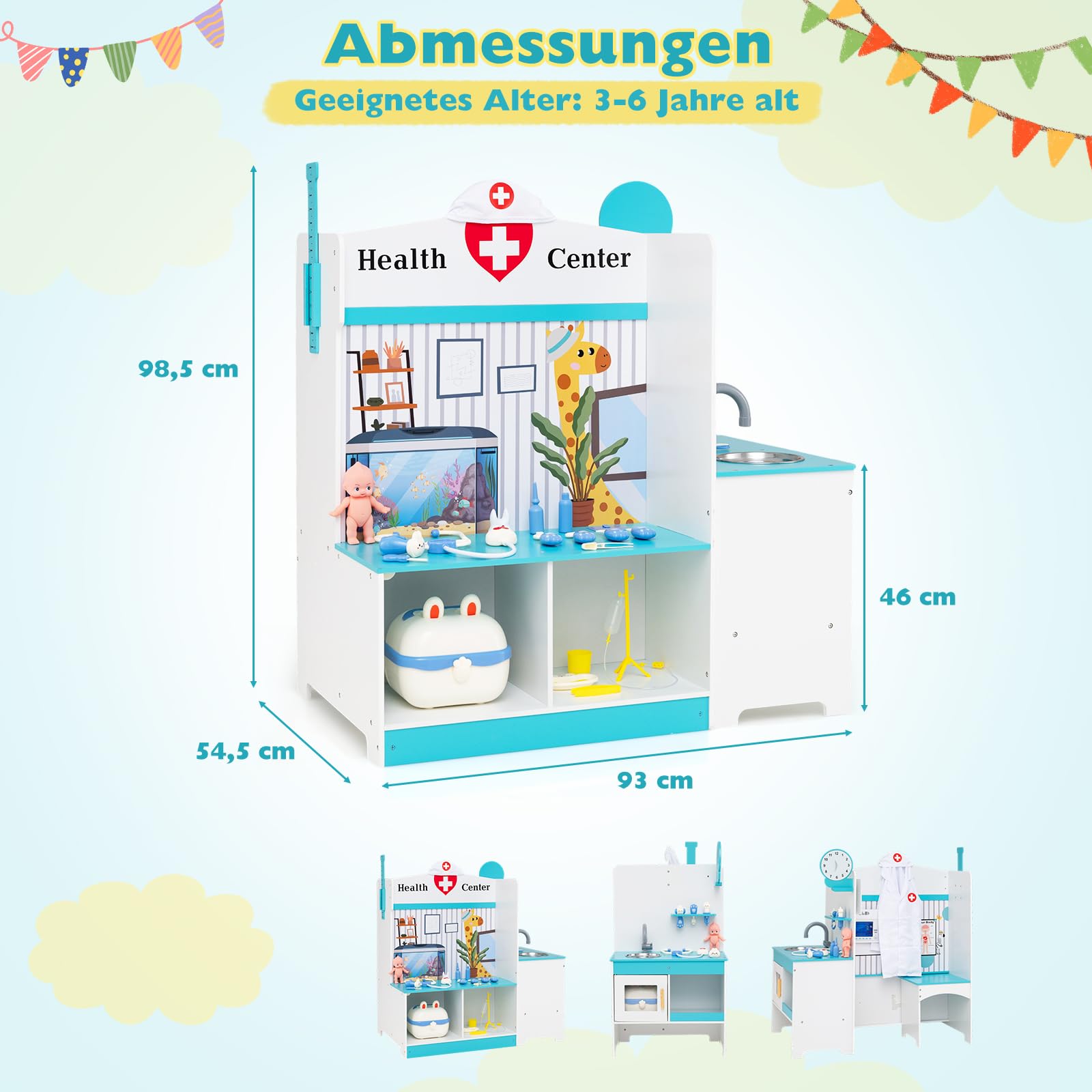 COSTWAY Arzt Kinder Spielset, Doktor Rollenspiel mit Untersuchungsraum & Arztkoffer inkl. 27 TLG. Zubehör, Arzt Set mit Wasserhahn, Waschbecken & EKG-Monitor, Holz Arztpraxis für Kinder ab 3 Jahren