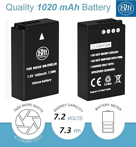 Miniatura 2 de BM Premium EN-EL20, EN-EL20A Cargador de batería y batería para Nikon Coolpix P950, P1000, P1100, DL24-500, Coolpix A, 1 AW1, 1 J1, 1 J2, 1 J3, 1