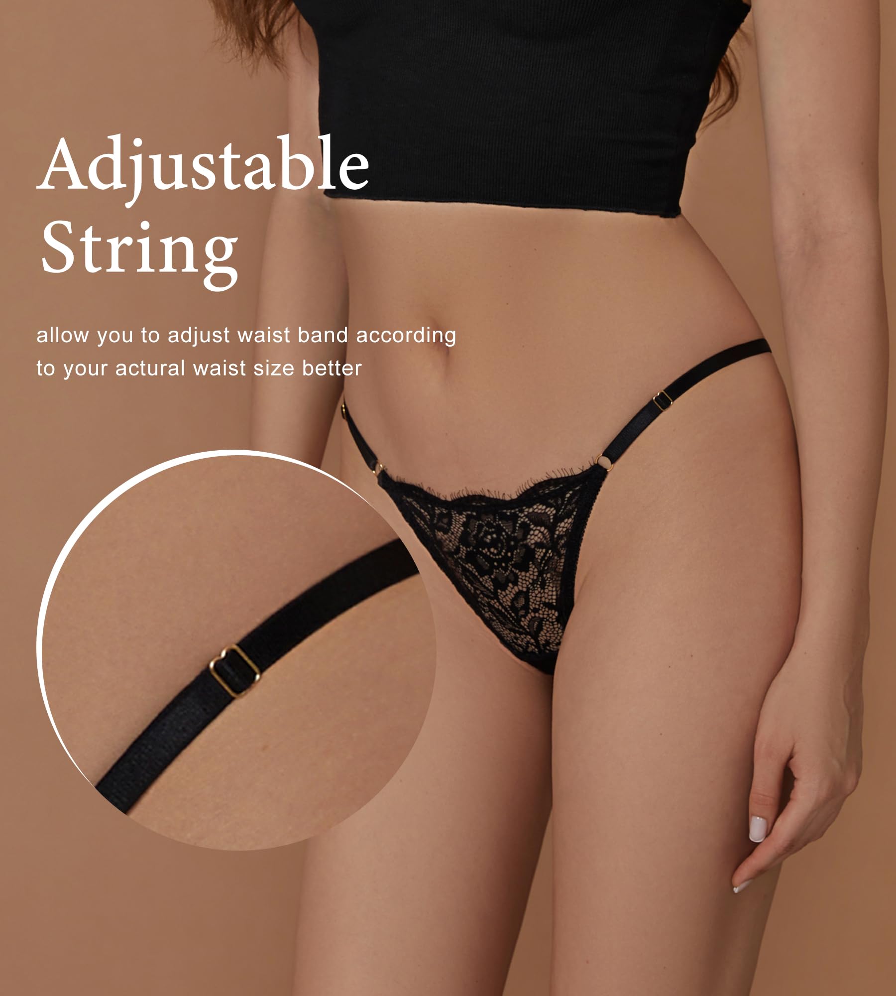 SHARICCA Lace G-String Thongs for Women Adjustable Sexy Low Rise Underwear Breathable T-back Thongs Panties 3 Pack: Small 3p05 (3black)