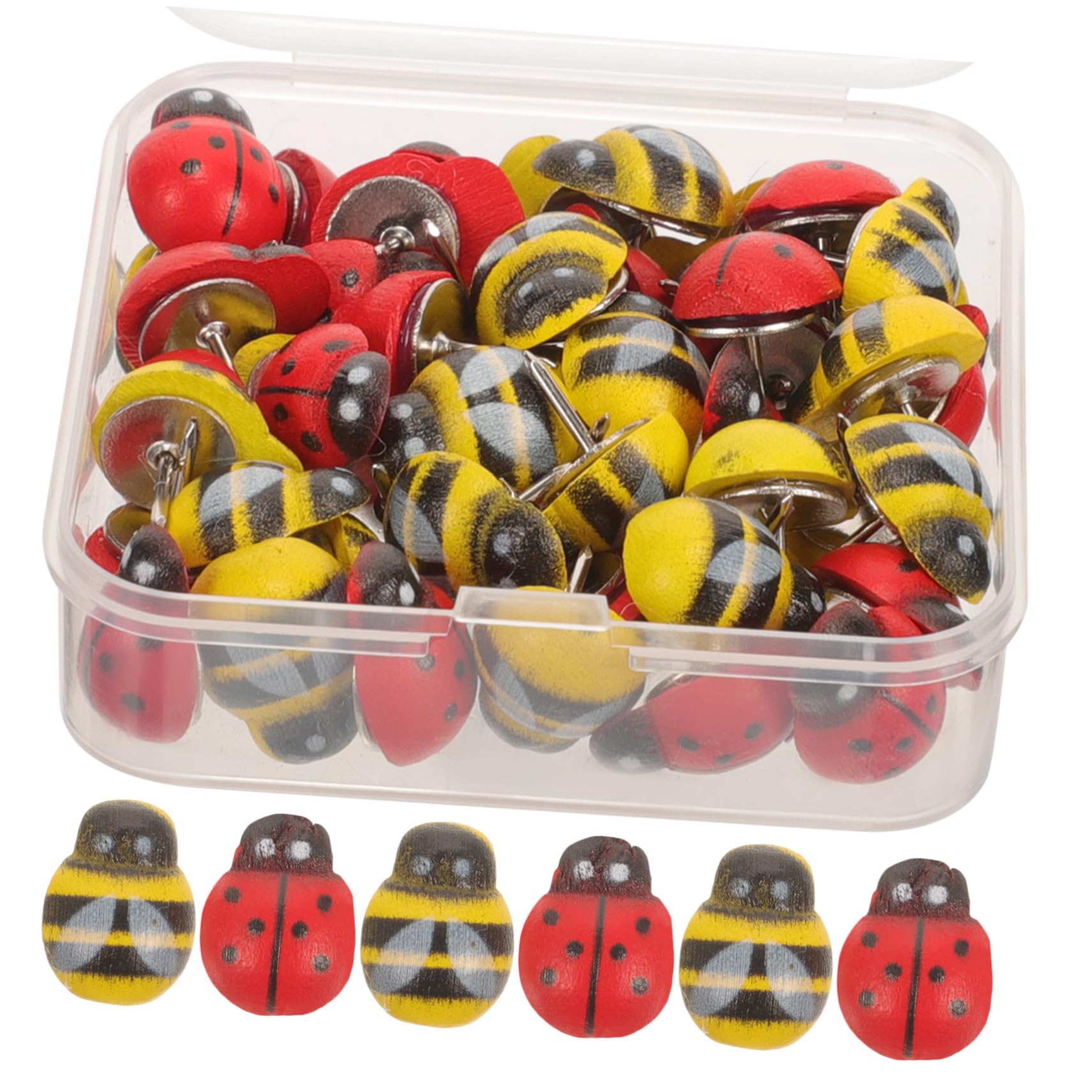 SHINEOFI 4 Sätze Reißzwecke Thumbtacks Karte Marienkäfer-pinnnadeln Daumennägel Stecknadeln Strapazierfähige Reißnägel Süßes Stationäres Tragen Stifte Farbig Colorful Hölzern 50 Stück * 4