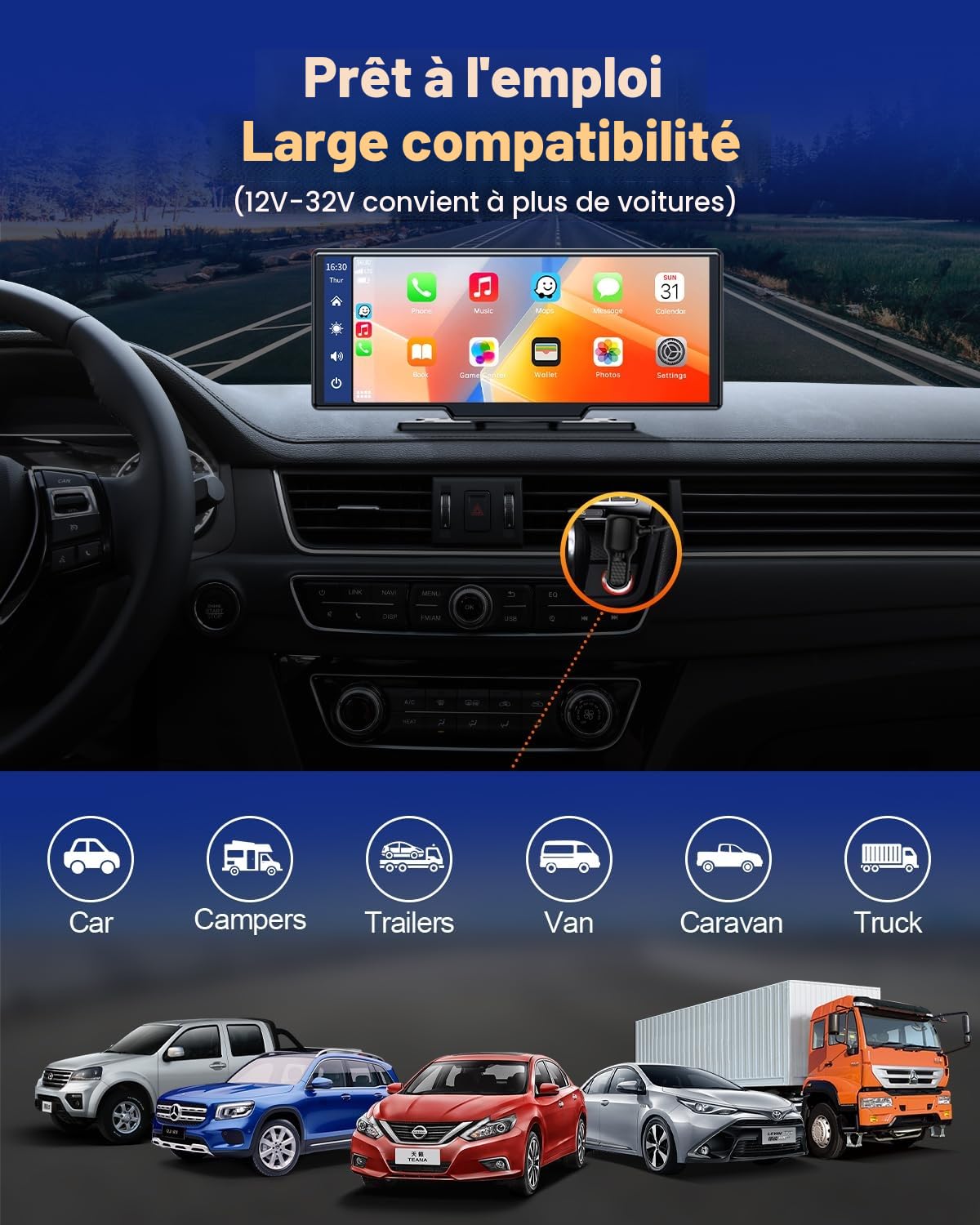 Volam 9.26 Pouces Ecran Carplay Voiture avec Carplay sans Fil Android Auto, Ecran Tactile, iOS Lien Miroir, GPS Navigation, Siri, G00gle Assistant Vocal, Bluetooth 5.0, Aux, FM