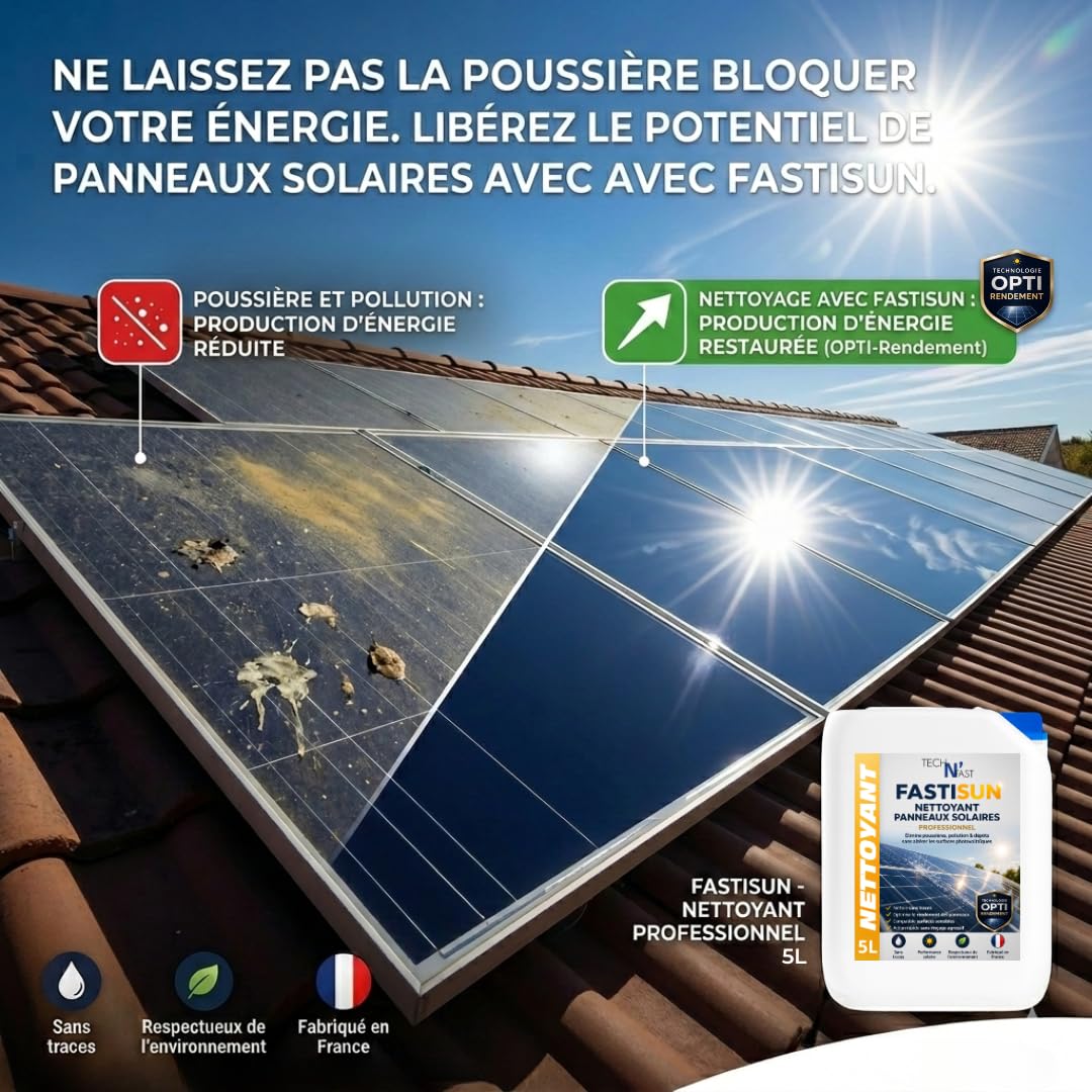 FASTISUN Nettoyant Panneaux Solaires 5L – Nettoyage Photovoltaïque Professionnel sans Traces – Optimise le Rendement – Compatible Surfaces Sensibles – Fabriqué en France