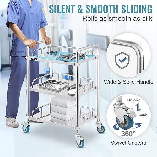 Miniatura 5 de VEVOR Carrito rodante de laboratorio con 3 estantes de acero inoxidable, carrito rodante para catering, carrito de utilidad dental, ruedas