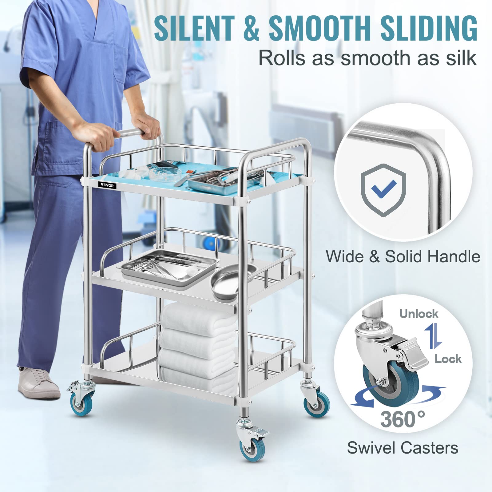 VEVOR Chariot Utilitaire en Acier Inoxydable avec roulettes pour Usage médical et Dentaire 3 Shelves 3 Shelves