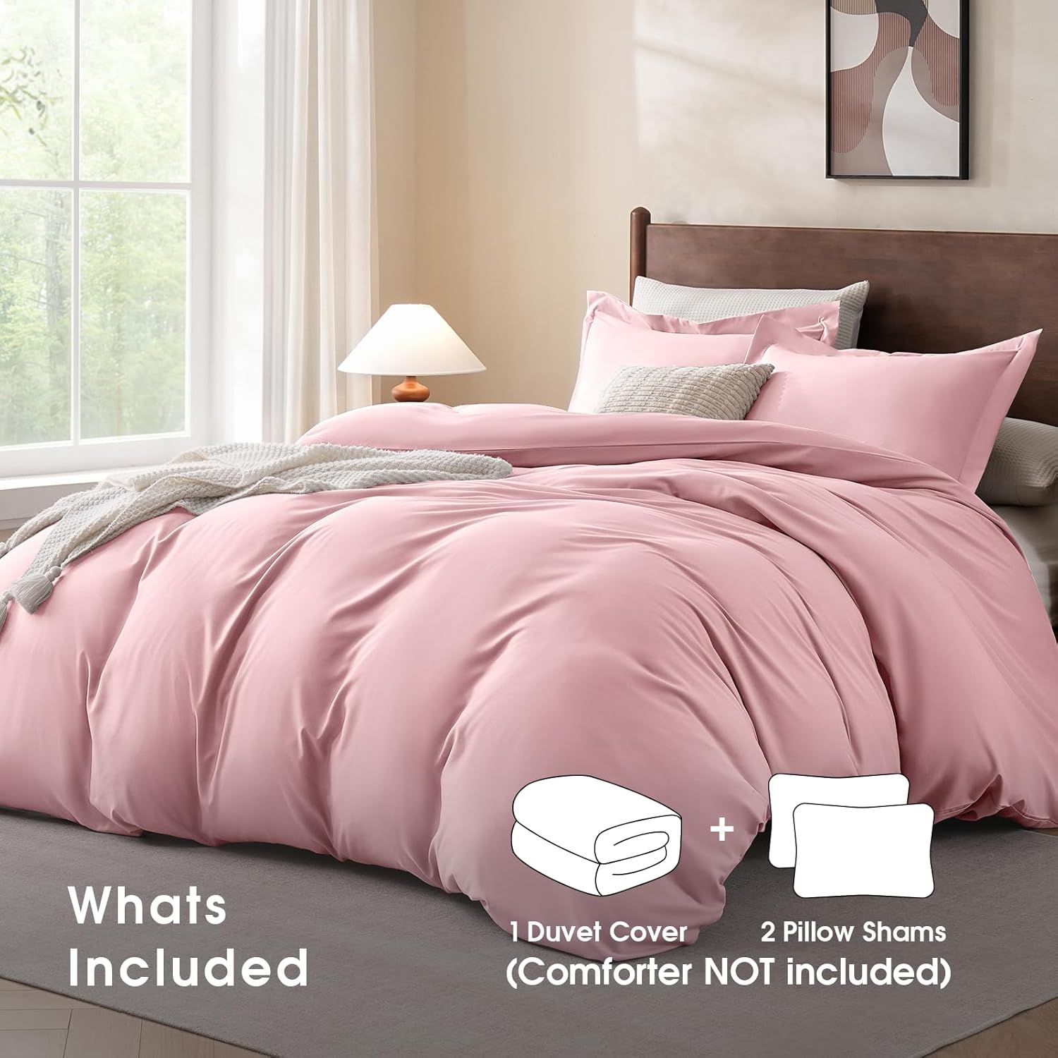 FreshCulture Duvet Cover Queen Size - 3 Pieces Microfiber Duvet Cover Set with Zipper Closure - Lightweight & Easy Care - 1 Comforter Cover & 2 Pillow Shams - Comforter Not Included (Pink)