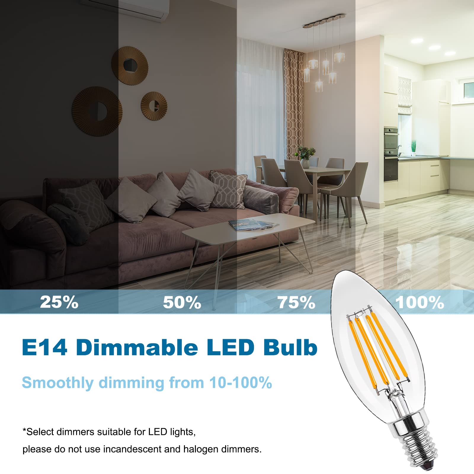 ProCrus E14 Vintage LED Light Bulb,Dimmable 4W LED Candle Light Bulbs,2700K Warm White,Small Edison Screw Candelabra SES LED Bulb,Replaces 35 Watt,for Chandelier,Transparent,Pack of 10 - Image 3