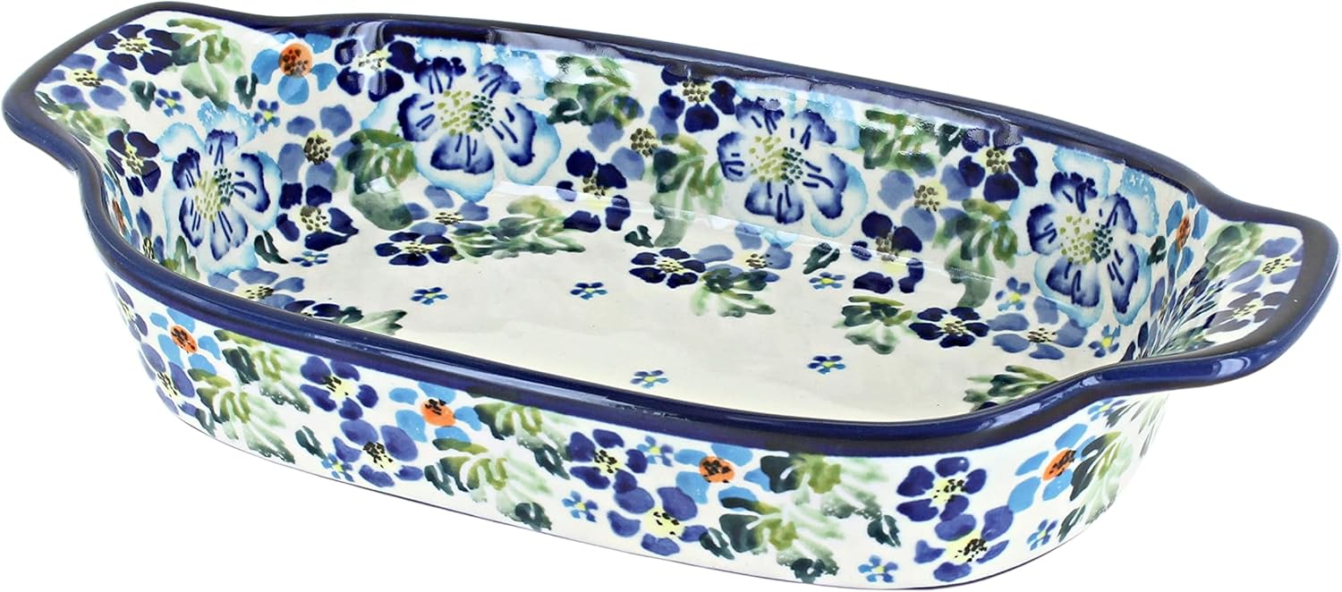 Blue Rose Polish Pottery - Blue Peacock Rectangular Serving Dish - 10" x 5.25" - Beautiful Dish for Bread, Salad, or Pasta