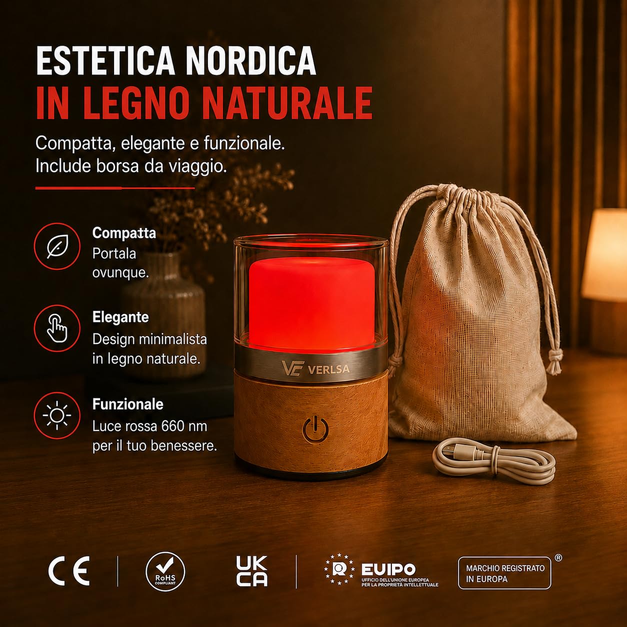 Lampada Luce Melatonina 625nm, 0% luce blu, Flicker-Free, Luce Notturna Neonato/Adulti, dimmerabile, portatile, batteria da 2000 mAh, Bilancia Il Ritmo Circadiano