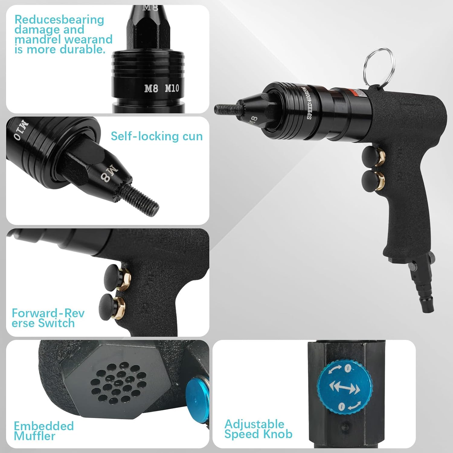 Pneumatic Rivet Nut Gun Kit with Self-Locking Head M6 M8 M10 (1/4", 5/16", 3/8"), Air Riveter Nut Gun Tool Kit, Adjustable Speed Pull Rivnut Gun, Black