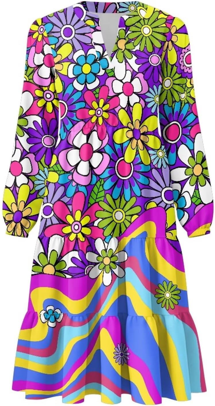 Womens Doll Sleeves Fall Dresses V Neck Midi Dresses Fashion Casual Fit Flowy Tiered Boho Beach Vacation Sundress