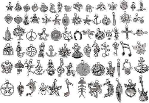 Miniatura 9 de RUBYCA 50 dijes de plata mezclados a granel para hacer joyas pulseras pequeñas para collares color plateado envejecido como en la imagen Mix1