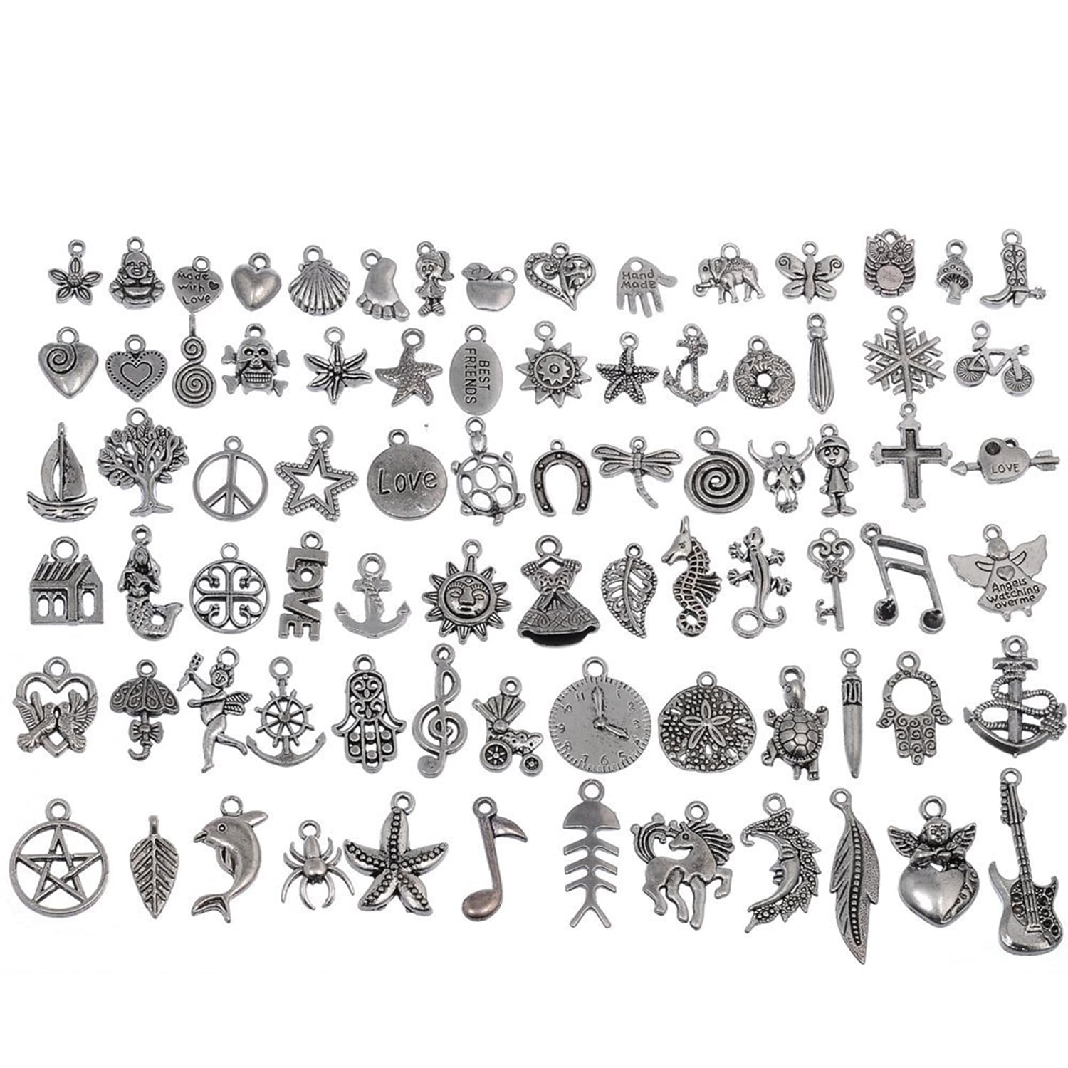 RUBYCA 160Pcs Assorted Mixed Silver Charms Pendants for Bracelets Jewelry Making Crafting Supplies, Tibetan Silver Color Charms, Just Like the Picture (Mix5)