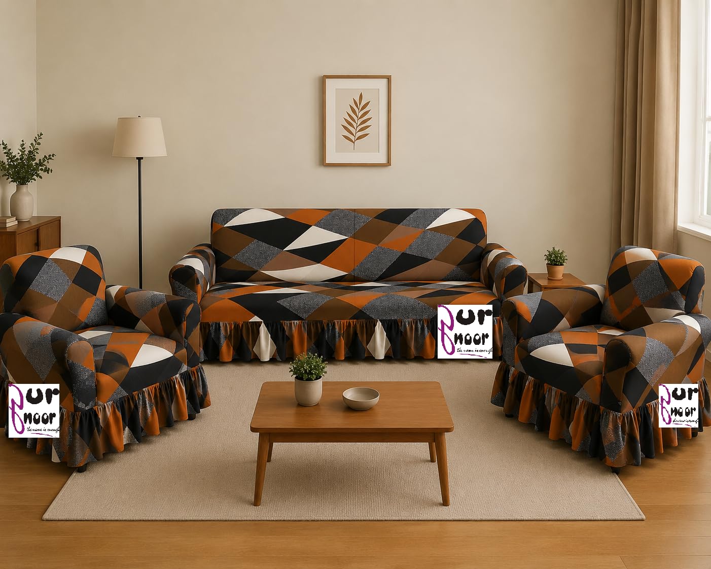 Gurnoor™ Sofa Cover 5 Seater Fully Covered Universal Polycotton Spandex Sofa Cover with 360° Frill Non-Slip Sticky Elastic Stretchable Sofa Set Slipcover for (3+1+1 Seater) (Triangle Orange)-image-31