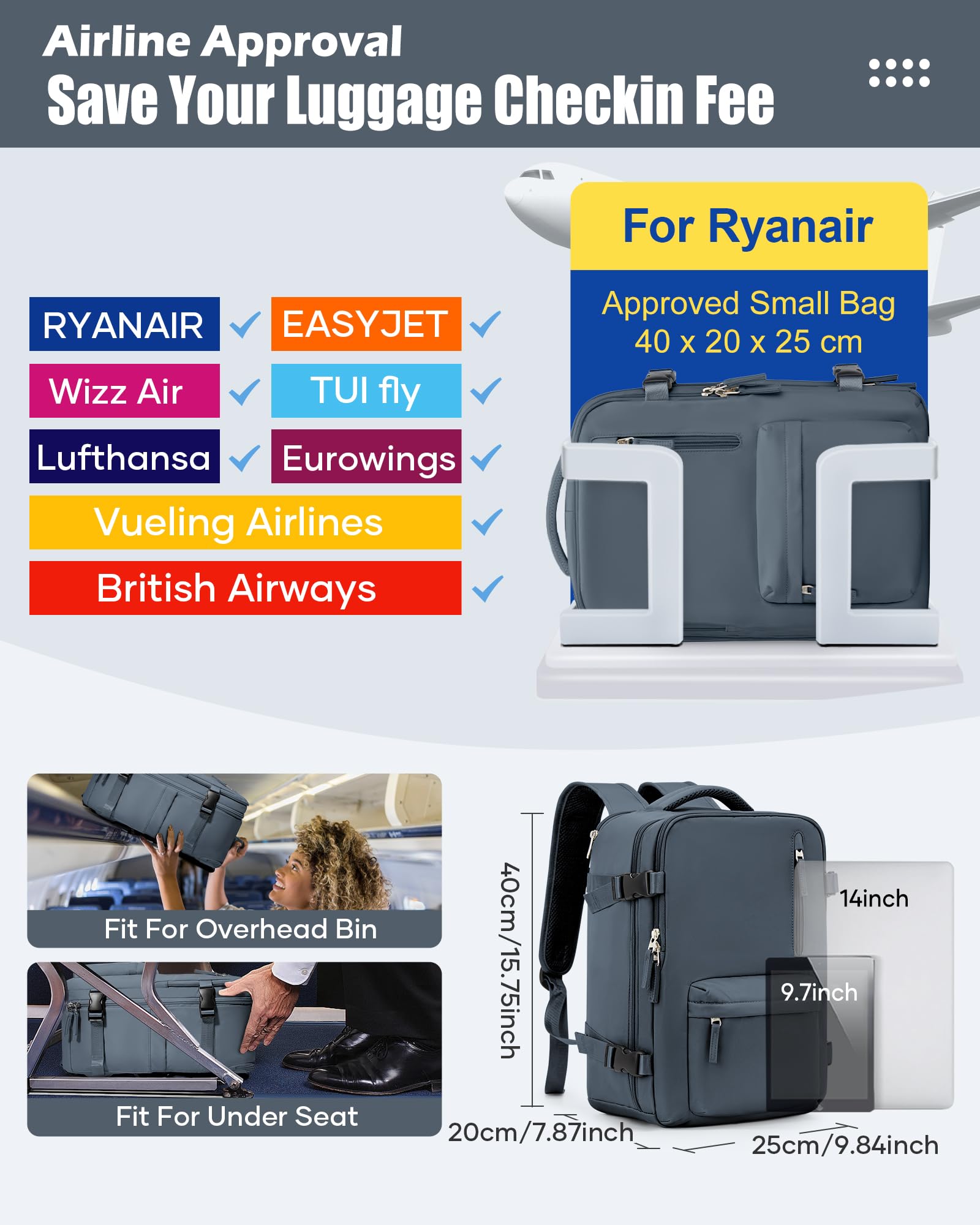 SZLX Zaino Ryanair 40x30x20 Sottovuoto con pompa Zaino Ryanair 40x20x25 Sottovuoto Bagaglio a Mano 40x30x20 Wizzair Zaino da Viaggio 45x36x20 Easyjet Donna Zaino Casual Laptop 14 Pollici Impermeabile