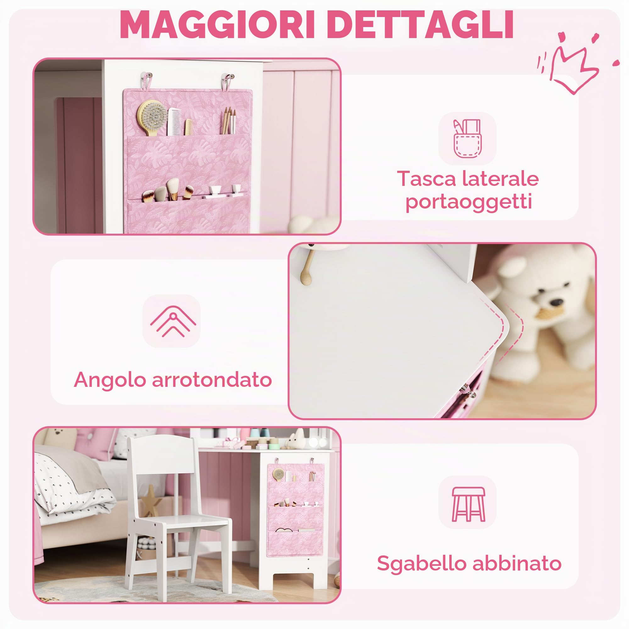 AIYAPLAY Tavolino da toilette per bambini 2 in 1 con sgabello, scrivania per bambine con specchio trittico e luci LED bicolore, tasca laterale portaoggetti, tavolo da trucco per bambini dai 3 agli 8