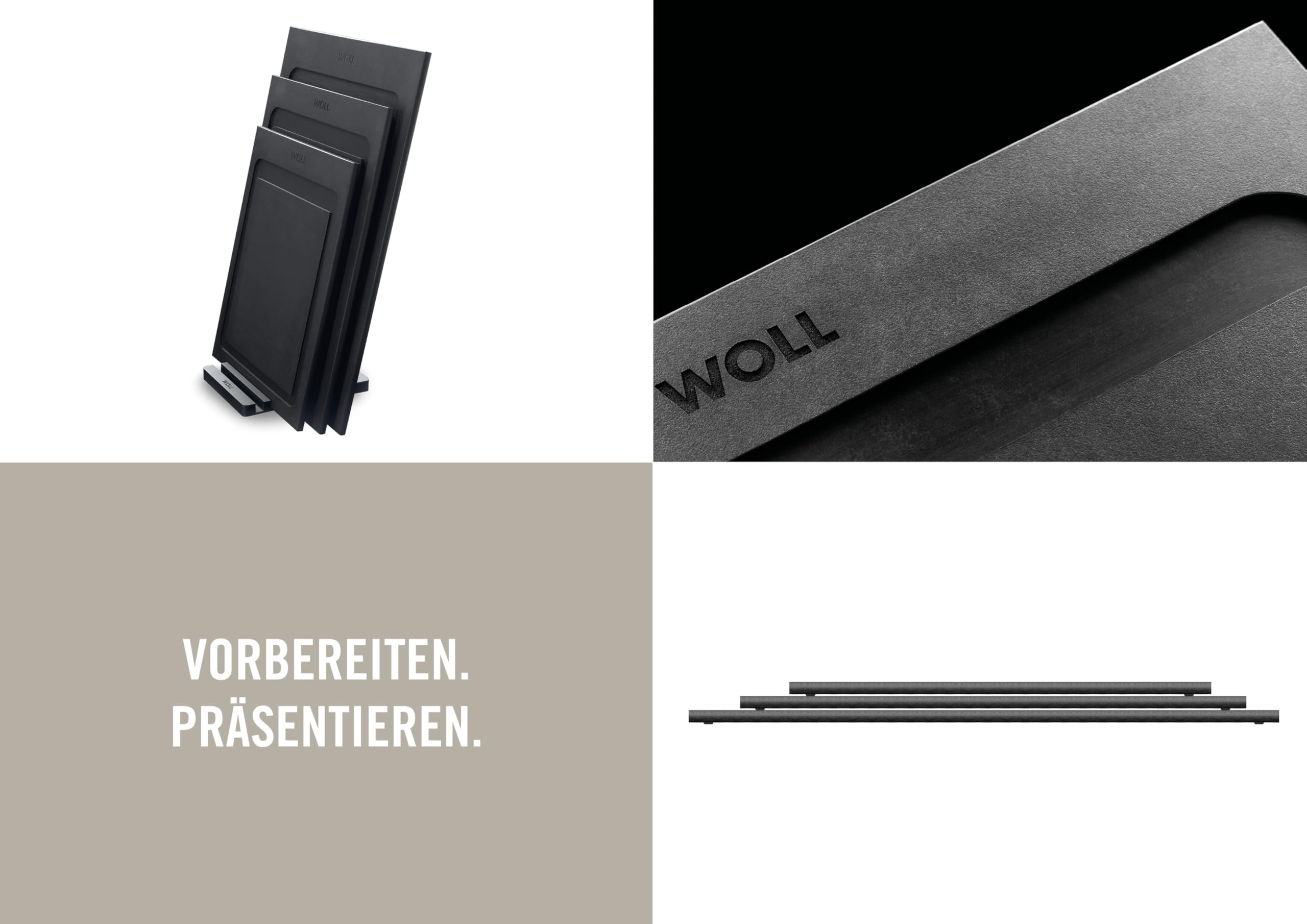 Woll Cut & Serve Schneidebrett-Set mit Halter, 4-tlg, aus FSC-zertifiziertem Papierverbundstoff, BPA- und VOC-frei, Hitzebeständig bis 175°C, spülmaschinenfest, mattschwarz, Grau