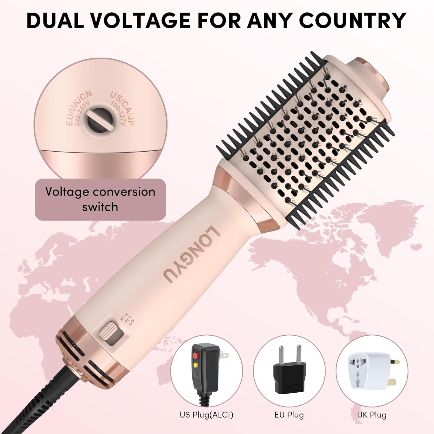 Longyu Travel Dual Voltage Hair Dryer Brush Mini Hot Air Brush with European Plug 110V-240V One Step Blow Dryer and Styler Volumizer for Home & Salon - Image 3