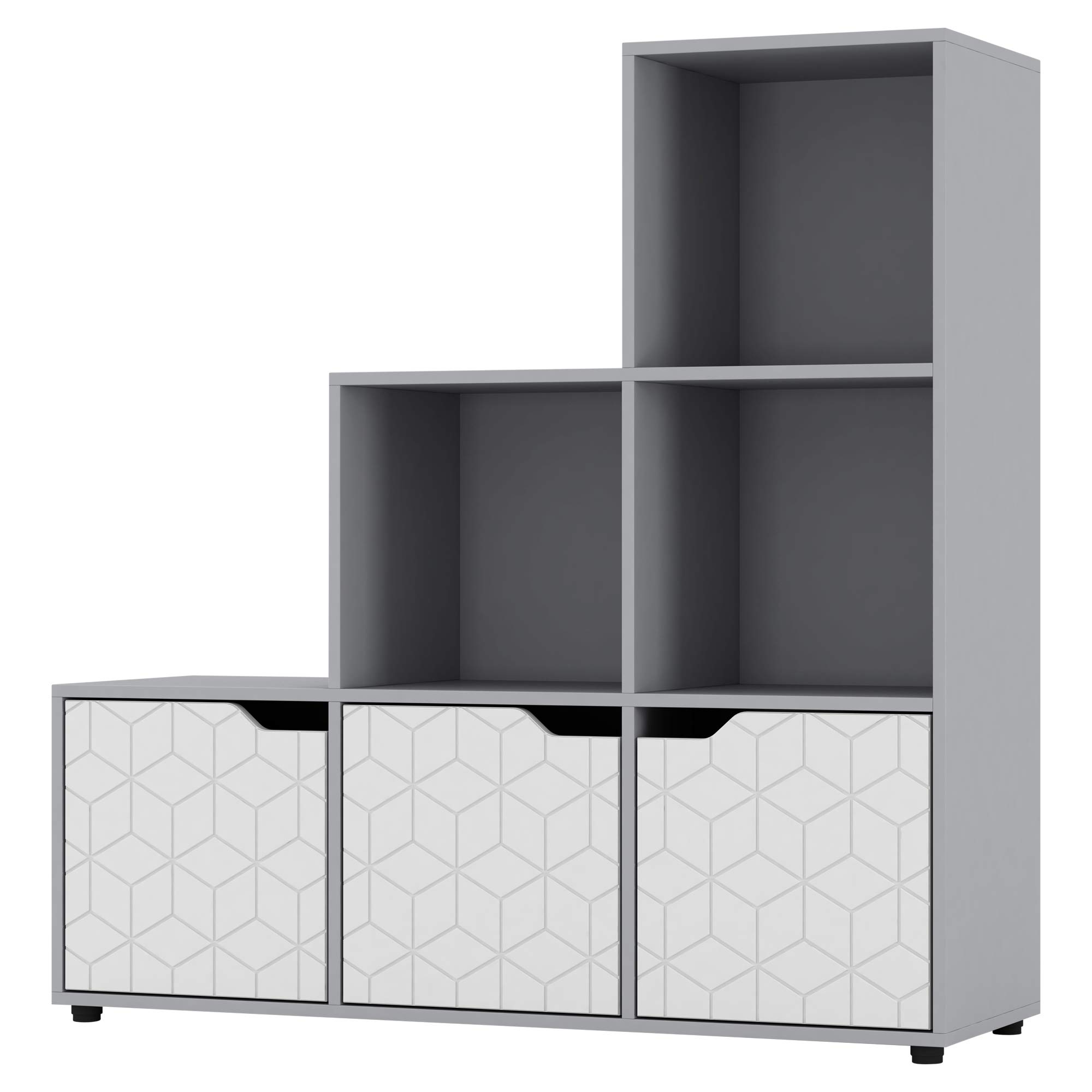 URBNLIVING Grey 6 Cube Step Storage Bookcase Shelf Unit Wooden Metal Doors Wood Home Organiser (White Door, Geometric Door)