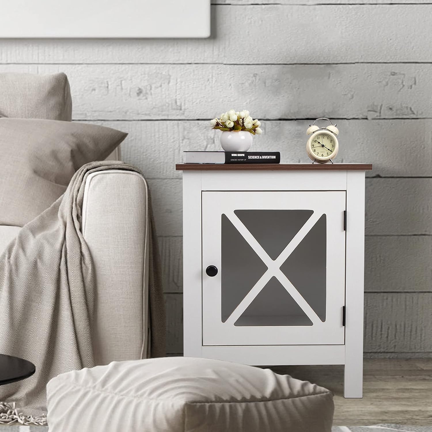 JAXPETY Set of 2 Modern Wood Nightstand, Bedside Table with X-Design Glass Door, Bedside Furniture, Night Stand, End Table, Side Table with Rustic Style for Home Bedroom(2-Pack, White)