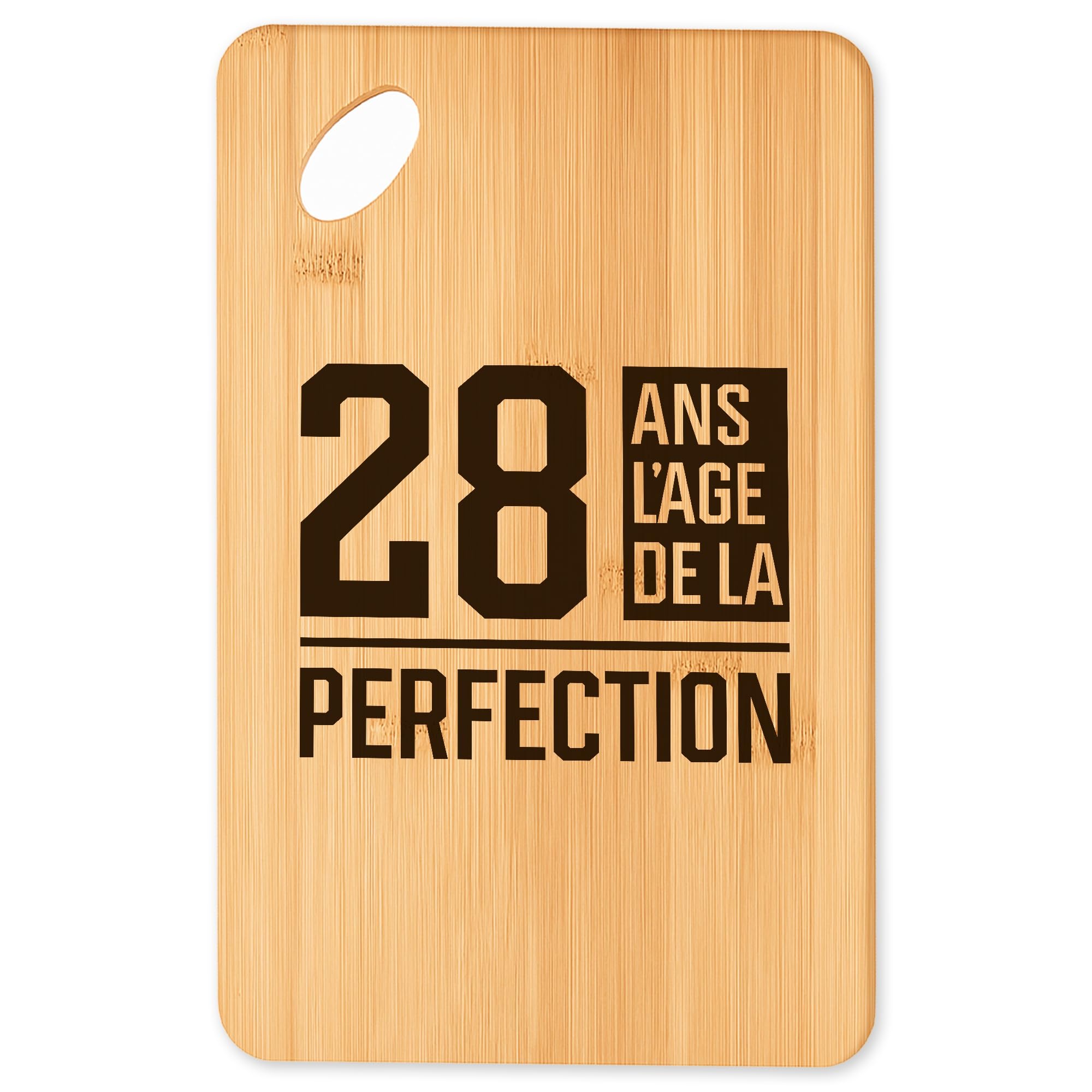 Planche à découper 28 ans : plateau apéro en bambou et cadeau original cuisine ou barbecue