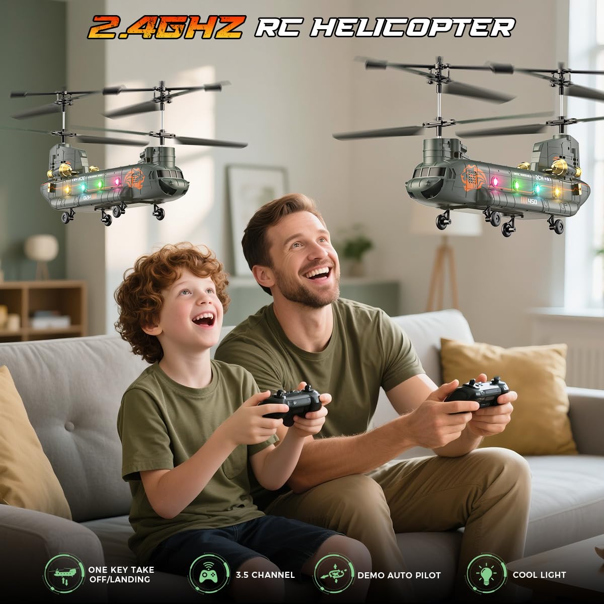 VATOS Ferngesteuerte Helikopter mit 2 Akkus, 2.4GHz Transport Hubschrauber Ferngesteuert mit Höhenhaltung, EIN-Tasten-Start/Landung, LED Licht, RC Helikopter Spielzeug für Kinder und Militär Fans