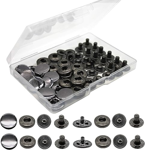 Miniatura 7 de Raydodo Juego de 12 cierres de cuero a presión, kit de botones a presión de metal de 0.59 pulgadas con 4 herramientas de instalación, remaches de