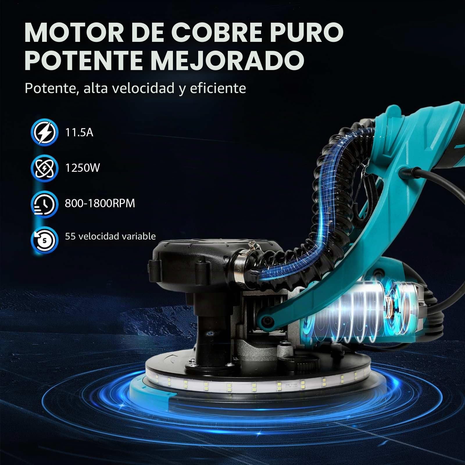 Lijadora de jirafa, 1250 W, lijadora de pared y techo, con aspirador para jirafas, construcción en seco, 1800 rpm, iluminación LED, mango telescópico, para principiantes/trabajo profesional de lijado