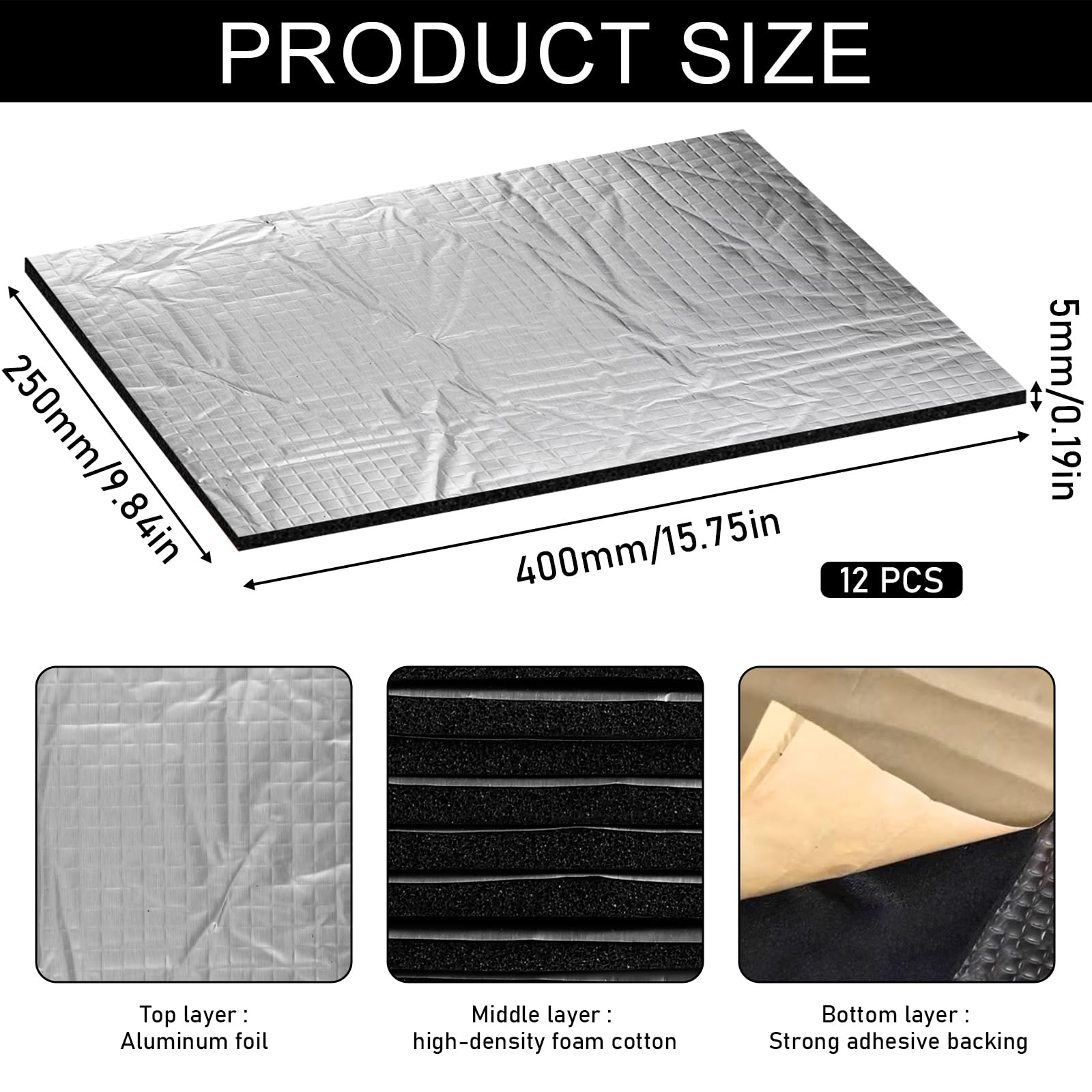 Lot de 12 plaques d'isolation en Aluminium de butyle, 400 x 250 x 5 mm Isolation Ignifuge, Imperméables Anti bourdonnement pour Isolation Acoustique et Isolation Thermique dans Les