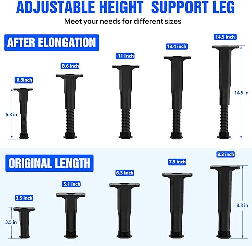 Vista 3 de Patas de soporte de cama central de altura ajustable para estante caído, patas de muebles para marco, listón y elevador (8.3-14.5 (2 piezas)