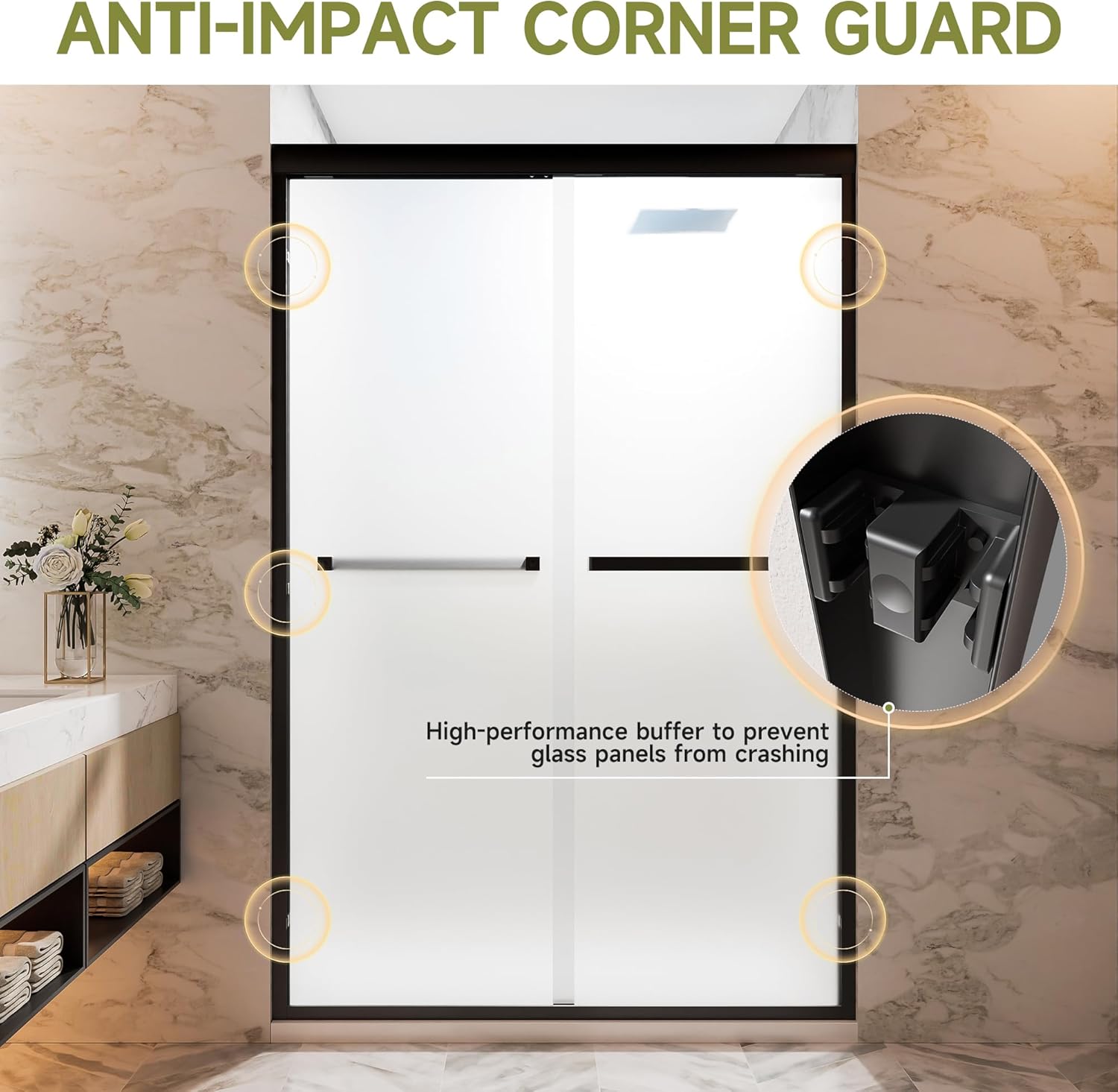 44-48" W x 72" H Frosted Glass Shower Door with 1/4" (6mm) Thick Tempered Glass and Nano-Coated, Double Sliding Shower Door in Matte Black Aluminum Frame