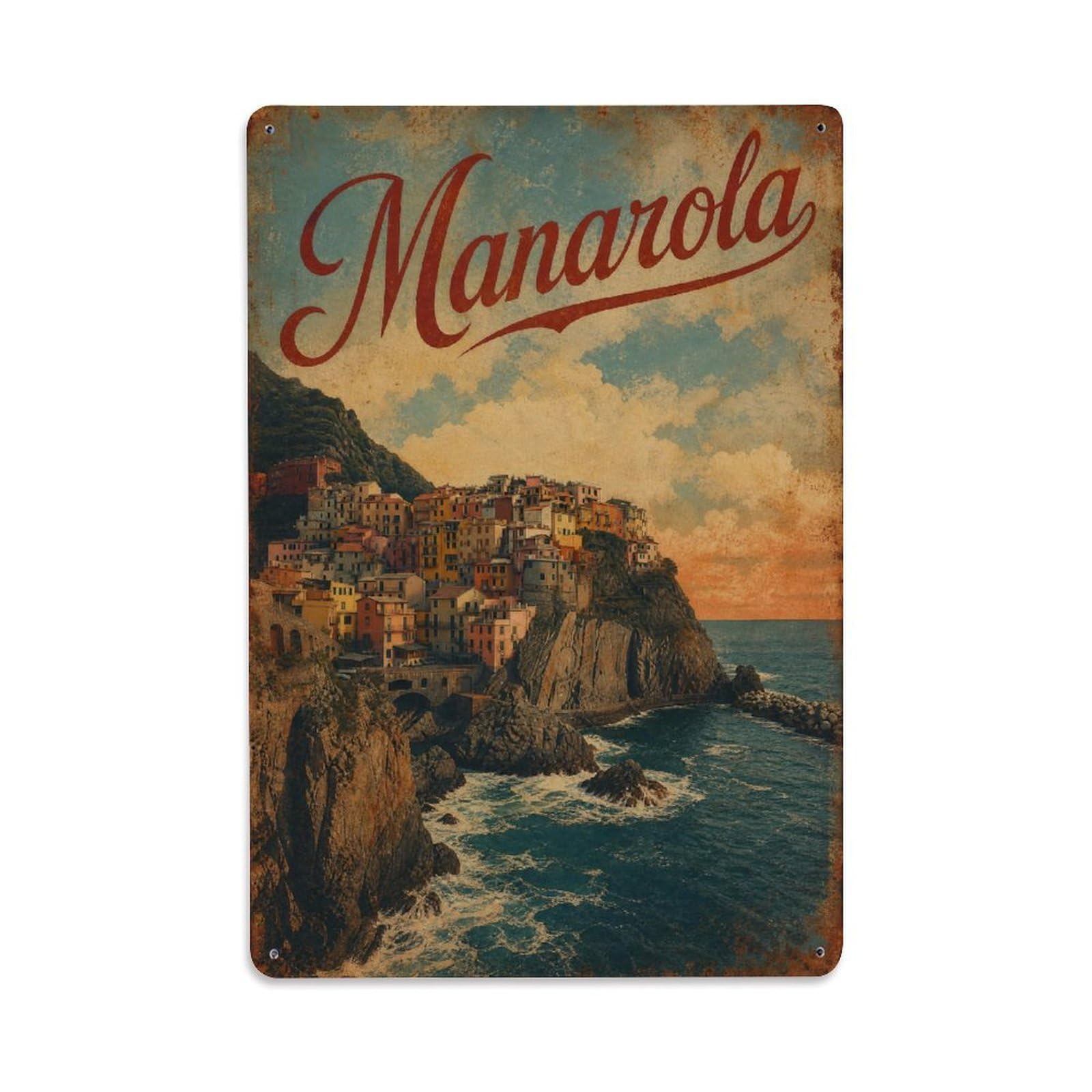 Huiyhb 8X12inch(20X30cm) Vintage Travel Manarola Cliffside Village Dramatic Coast Italy Metal Tin Sign