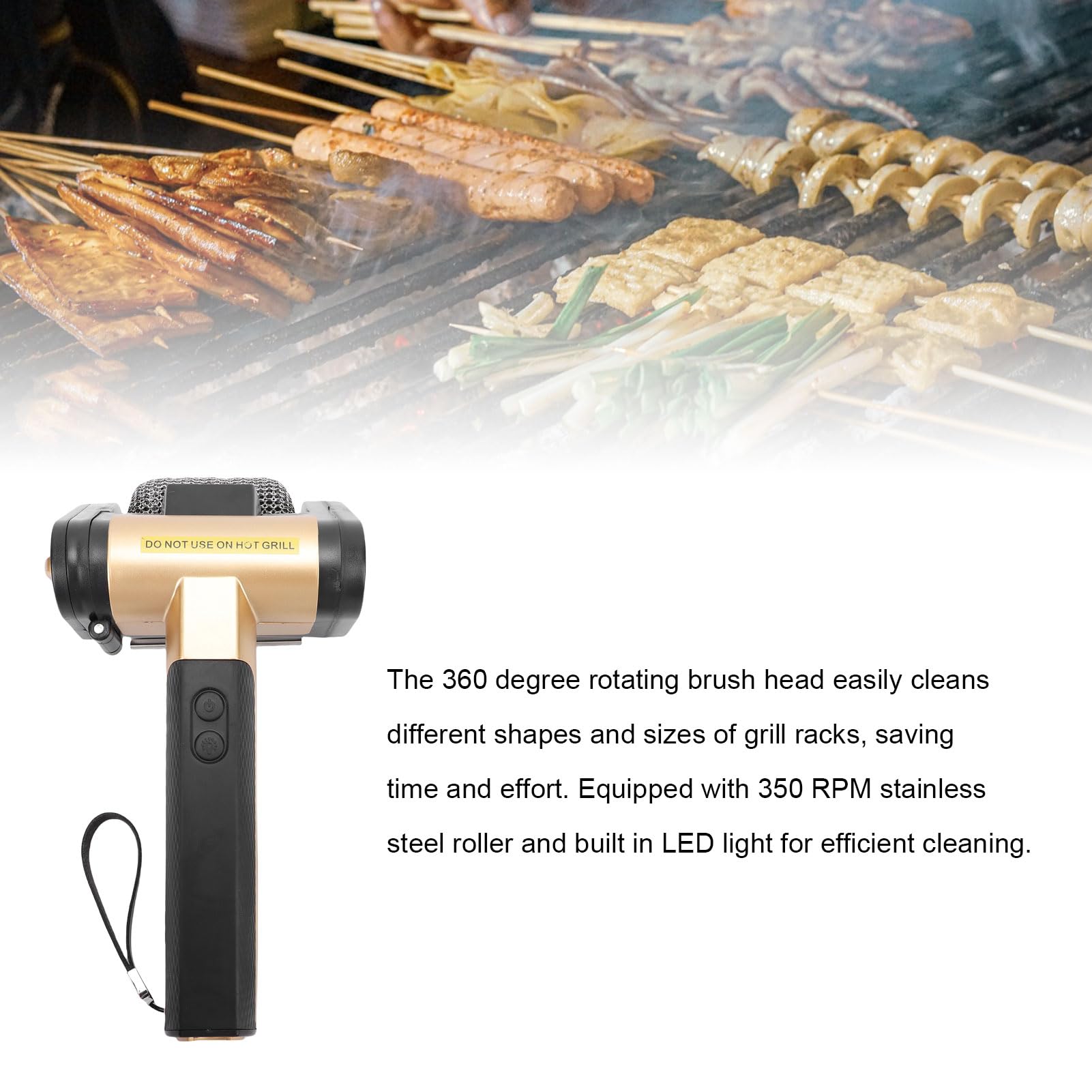 Brosse de Grill électrique sans Fil, Brousse Nettoyage Brosse à Grill BBQ Rechargeable BBQ avec Rouleau en Acier Inoxydable 350 TR/Min, Nettoyer Grill à Barbecue Extérieur (Black)