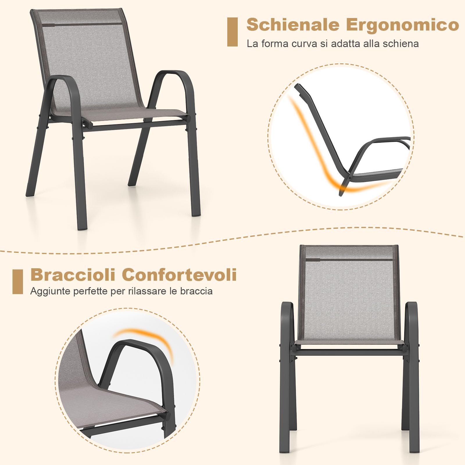 COSTWAY Set di 2 Sedie da Giardino in Textilene Impilabili Metallo 150 kg Grigio