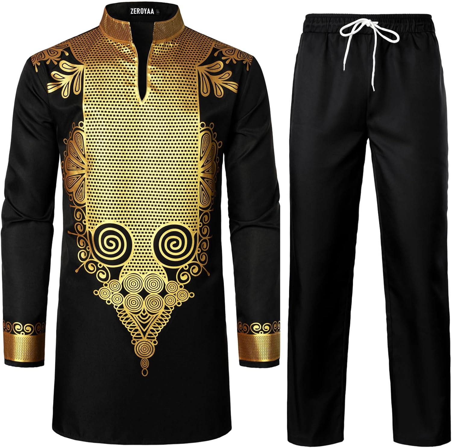 ZEROYAA Men's Africa Suit Long Sleeve Bronzing Print Shirt and Pants Outfit Traditional 2 Piece Set