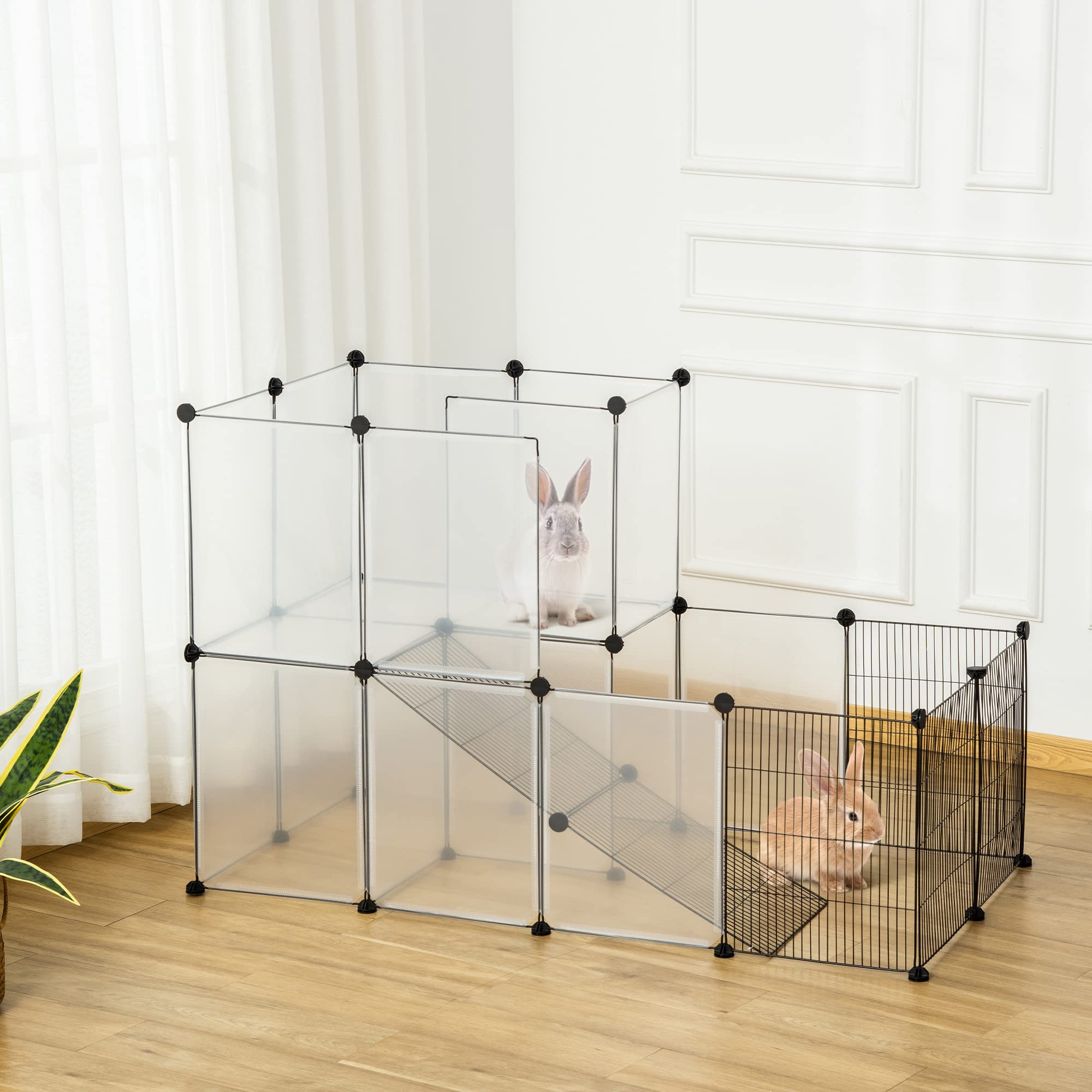 PawHut Recinto Modulare per Conigli, Cincillà e Porcellini d'India, Box per Animali di Piccole Dimensioni, 27 Pannelli Acciaio e Resina