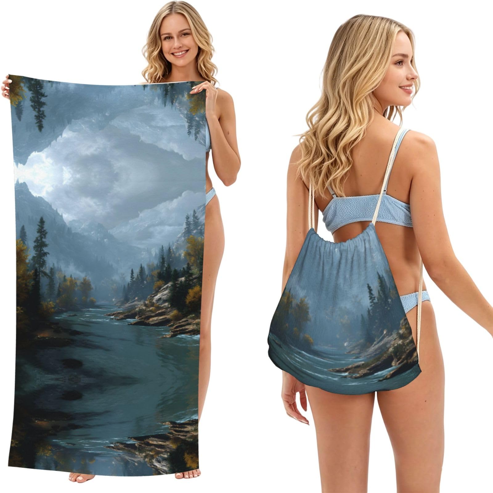 ESNAIUVCD River Print Beach Towel For Adults,Towel With Drawstring Bag, Travel Pool Swimming Sports Shower Sand Free Quick Dry Bath Towel For Pool, Beach, Yoga- 180x60cm
