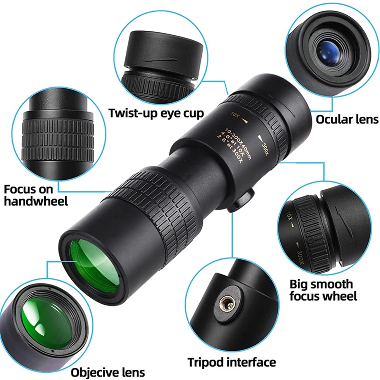 Generic Monoculaires d'extérieur 10-300 x 40 à objectif zoom professionnel longue portée télescope téléphone portable photo jumelles, A