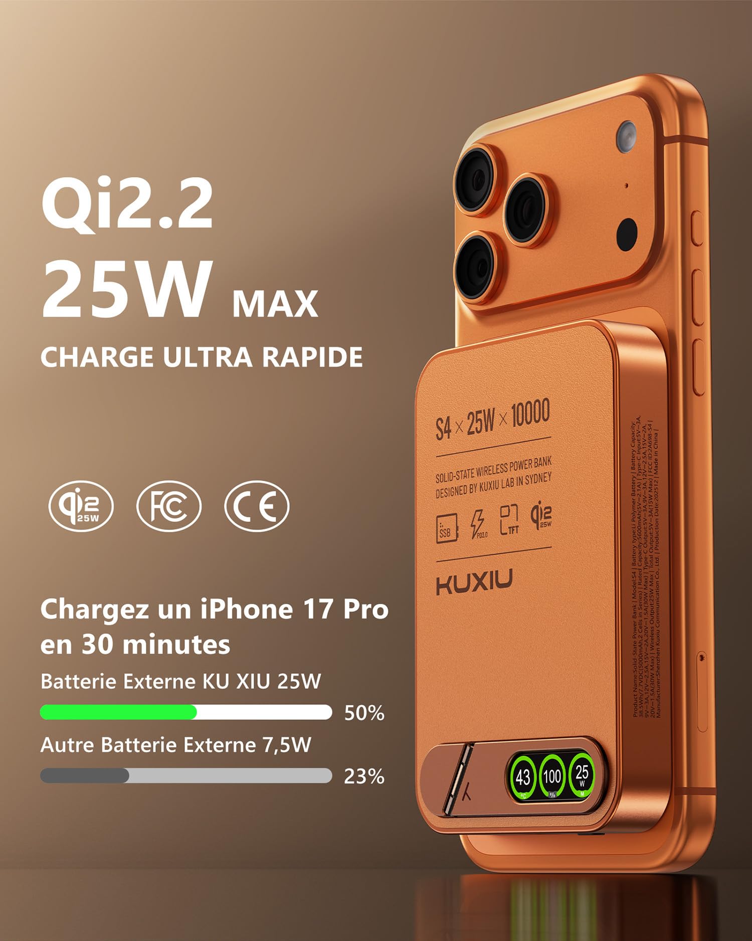 KU XIU S4 Qi2.2 25W Batterie Externe Magnétique Solid-State 10000mAh Slim