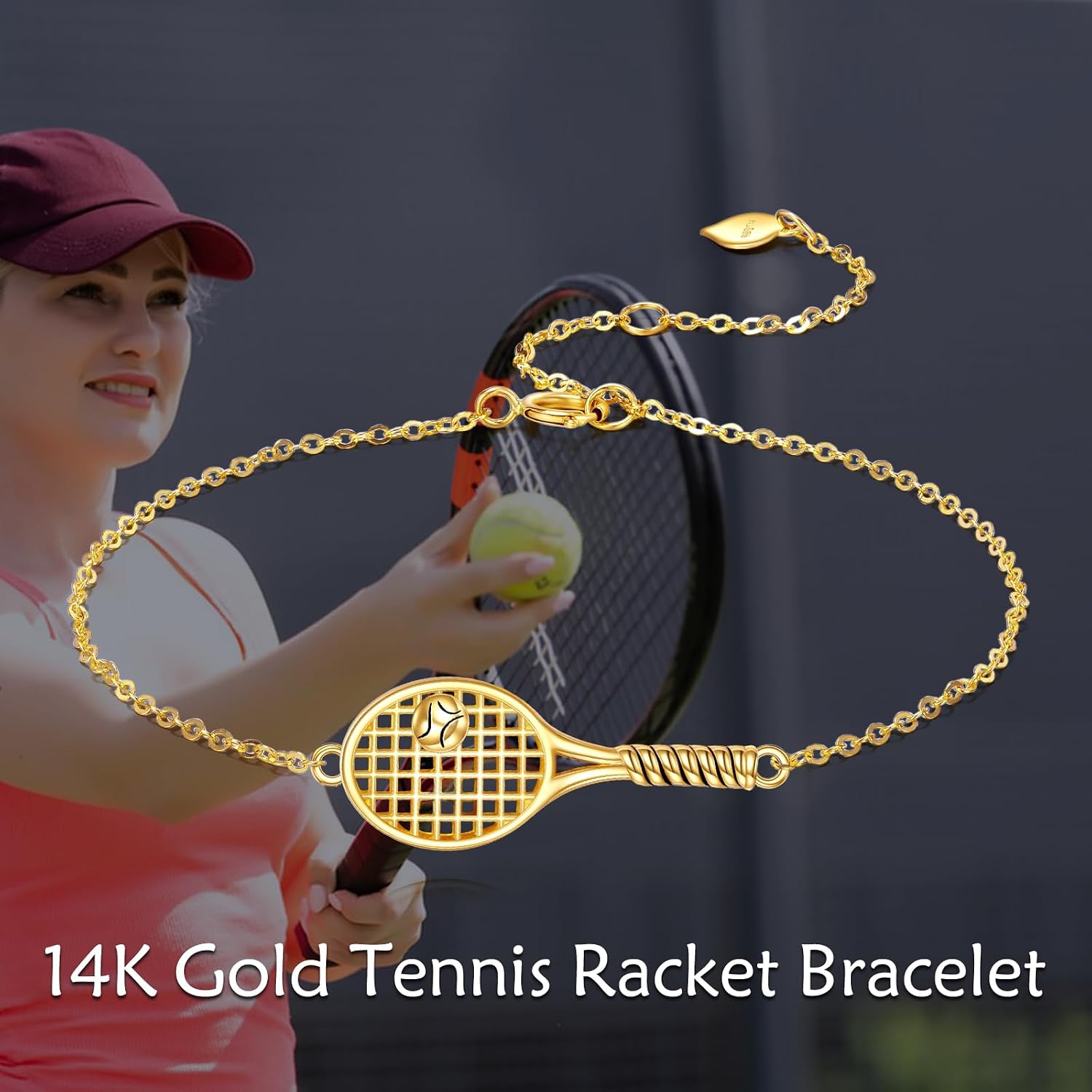 KECHO 14K Solid Gold Tennis Racket Bracelet Pendant 14K Real Gold Jewelry Tennis Lover Gifts for Women