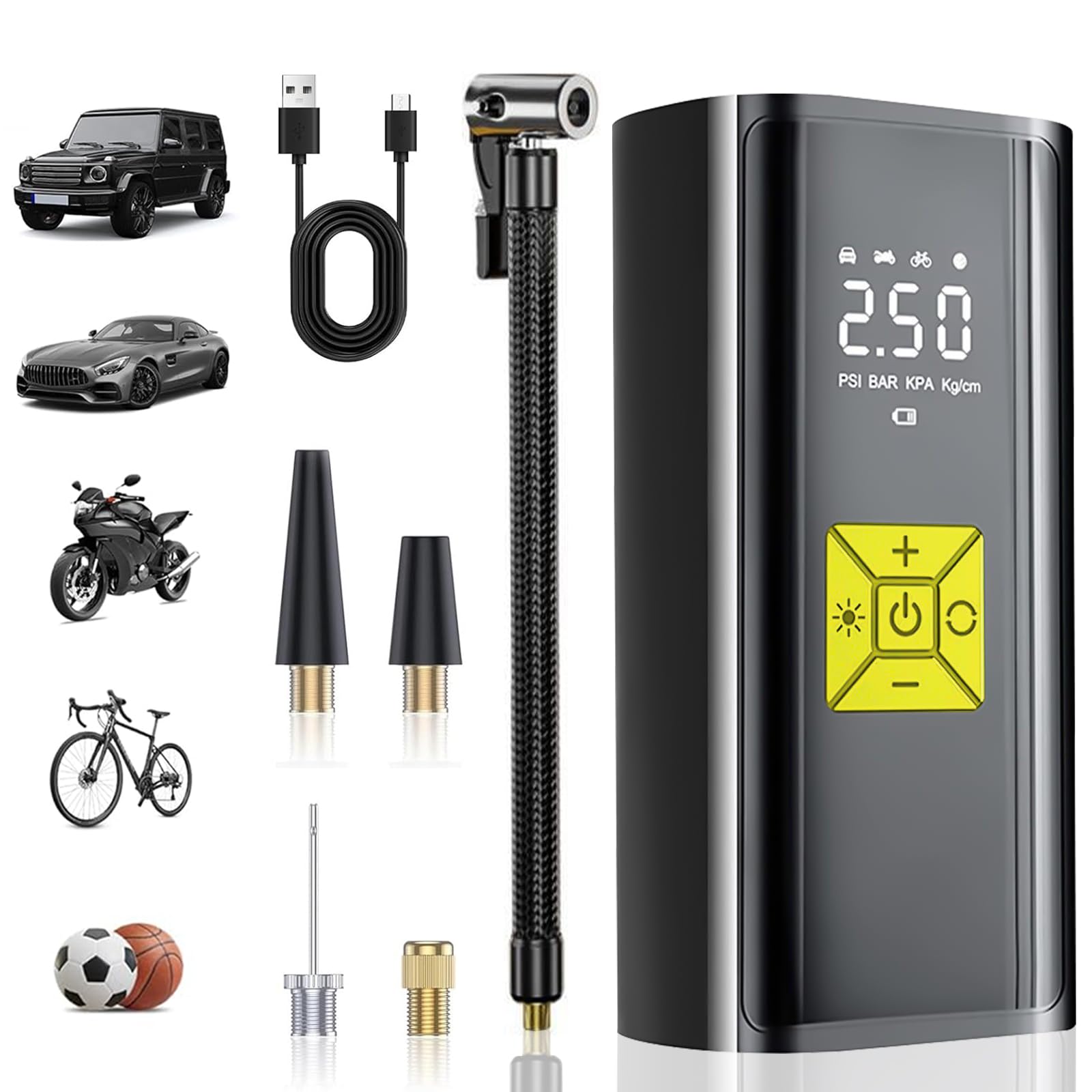 Compresor De Aire Portátil Para Coche - Inflador Ruedas Con LED, Indicador Presión, Rompevidrios Y Cortador Cinturón
