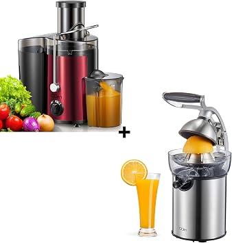 QCen 500W Juicer Machine Metallic Red and Electric Citrus Juicer Squeezer Bundle