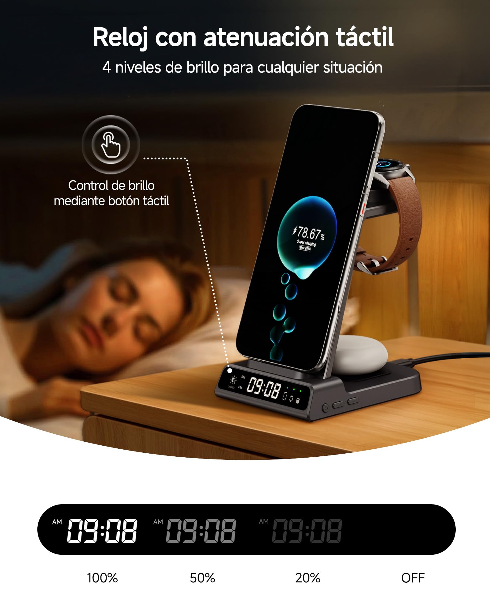 Cargador inalámbrico 3 en 1 para Huawei Watch, teléfono, Auriculares | Para Huawei Watch GT 6/GT 6 Pro/GT 5/GT 5, Reloj LED regulable, protección múltiple, indicador de carga, SwanScout C01HW