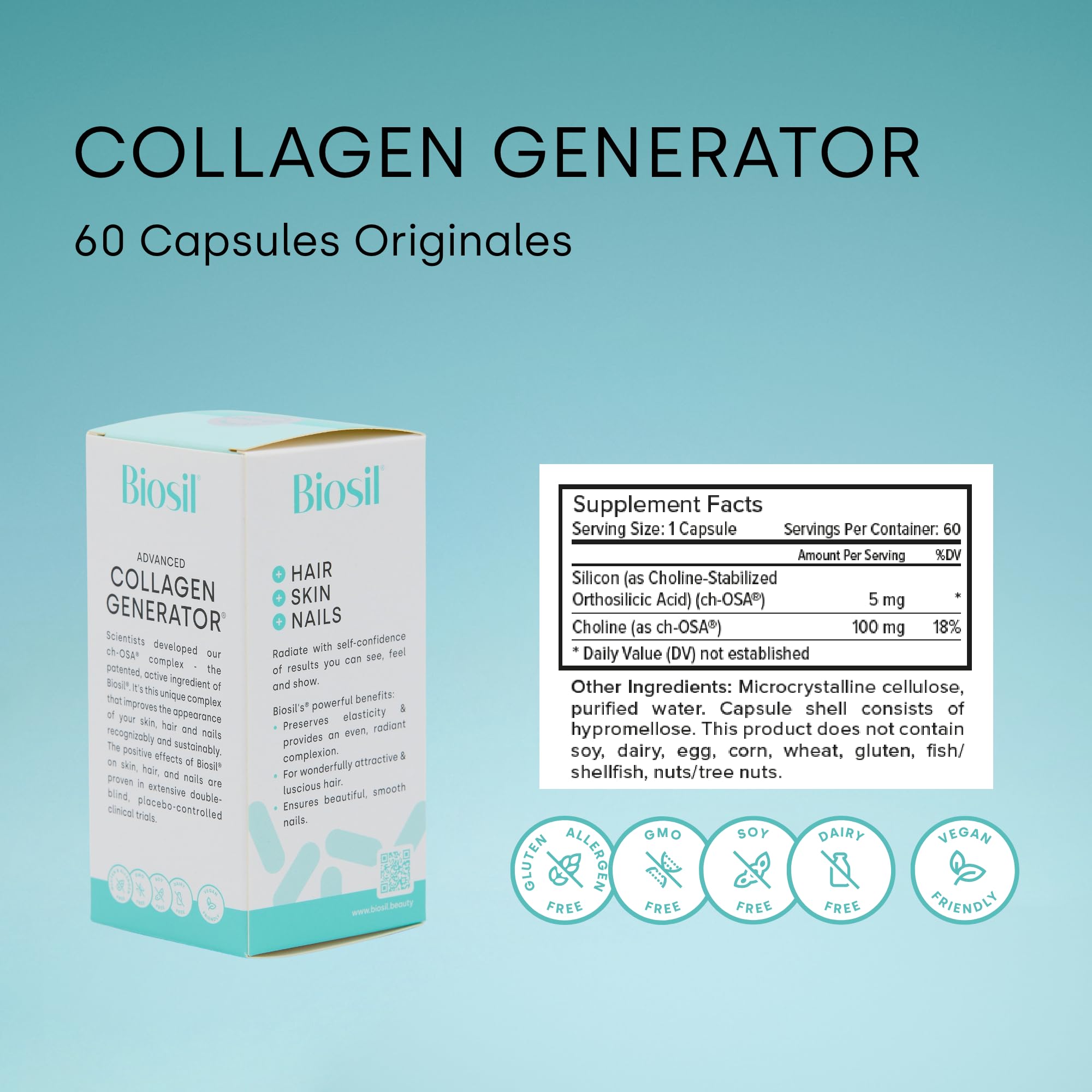 Biosil Collagen Generator - 60 Capsules | Avec le complexe breveté ch-OSA - génère et protège votre propre collagène - Sans OGM - Approvisionnement pour 30 jours