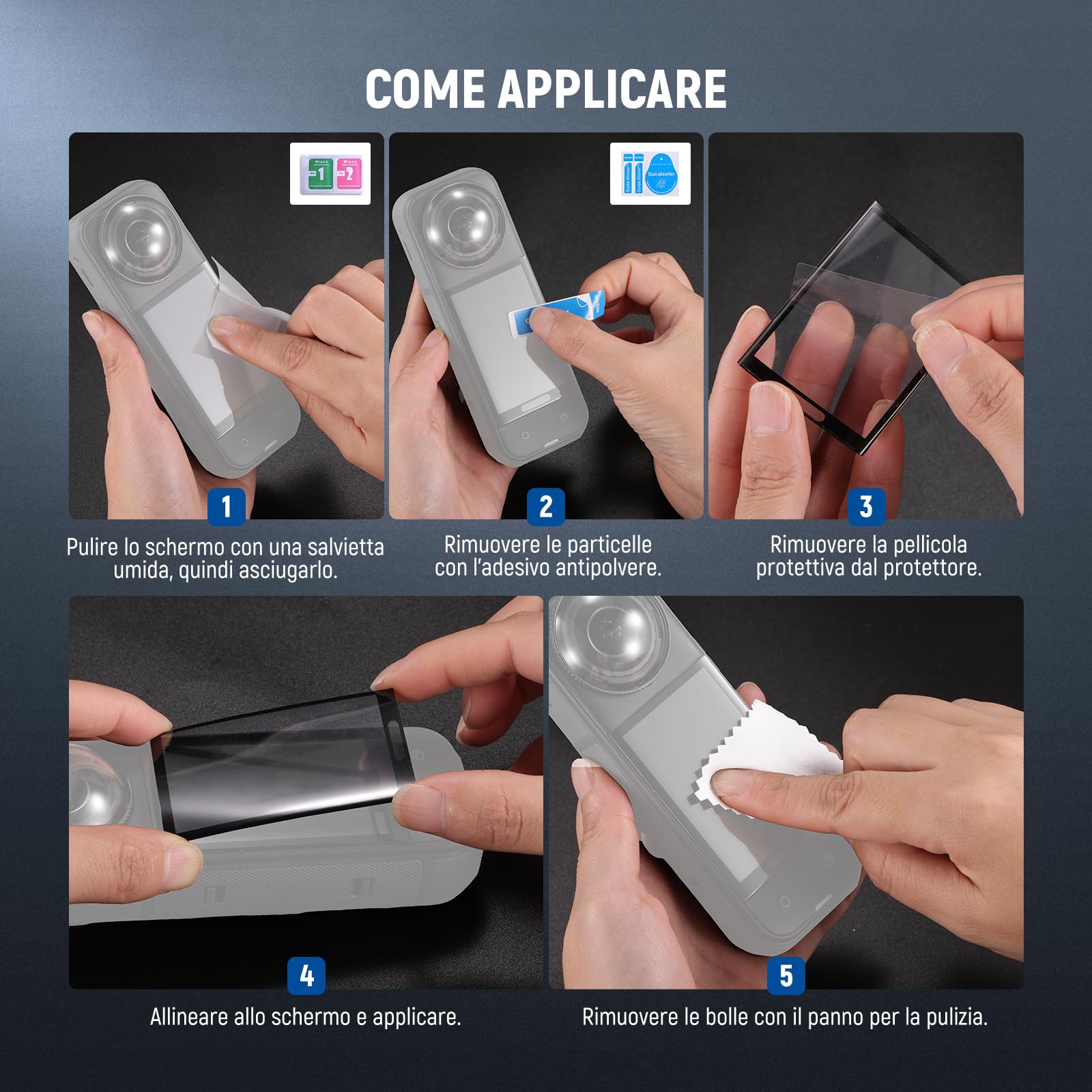 NEEWER Protezione per Schermo/Lente Compatibile con Insta360 X5 X4 Action Cam, Pellicola Protettiva per Schermo Temperato (2pz), Cap Custodia Protettiva in Silicone e Kit Accessori di Ricambio, CA156