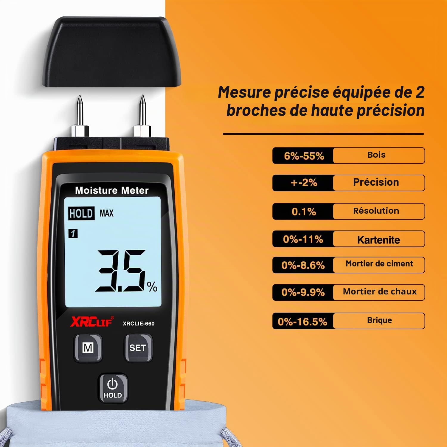 XRCLIF Testeur Humidité Mur & Bois, Compteur de fuites, Détecteur Teneur en eau avec Rétroéclairage LCD