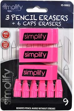 Smarthome Simplify 3 Pink Pencil Erasers and 6 Cap Erasers